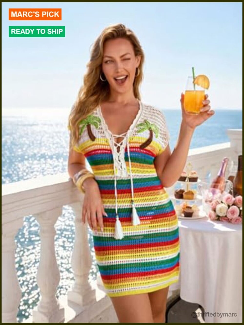 Crochet Beach Cover Up Dress, Striped Swimsuit Coverup with 3D Palm Tree, Deep - Picture 6 of 7